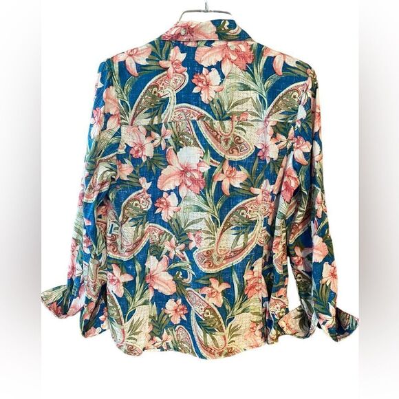 Tommy Bahama Sz S Teal Pink Hibiscus Linen Summer Button Down Collar Shirt - Picture 2 of 7